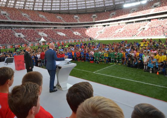 Russian President Vladimir Putin takes part in FIFA World Cup Trophy Tour kick-off ceremony in Luzhniki