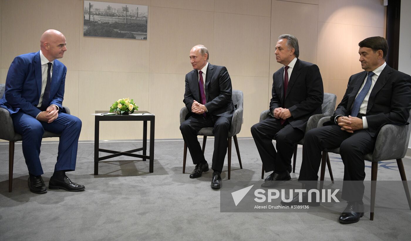 Russian President Vladimir Putin takes part in FIFA World Cup Trophy Tour kick-off ceremony in Luzhniki