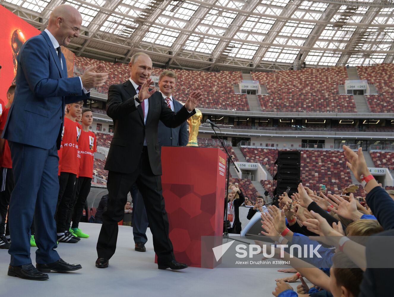 Russian President Vladimir Putin takes part in FIFA World Cup Trophy Tour kick-off ceremony in Luzhniki