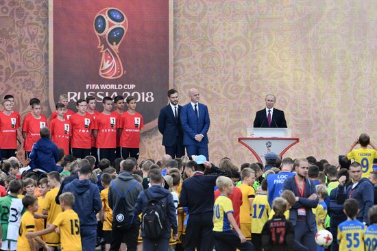 Russian President Vladimir Putin takes part in FIFA World Cup Trophy Tour kick-off ceremony in Luzhniki