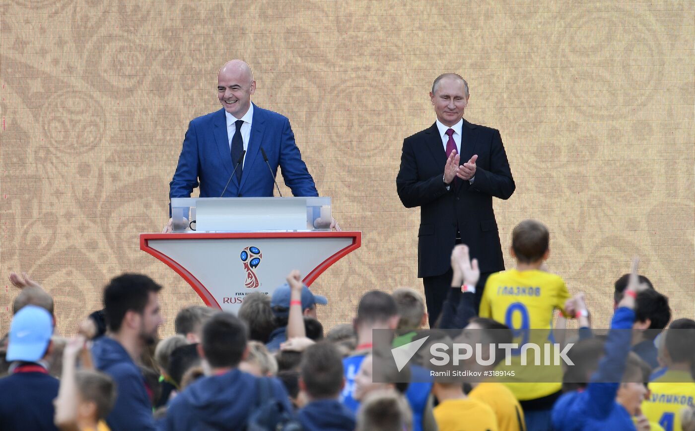 Russian President Vladimir Putin takes part in FIFA World Cup Trophy Tour kick-off ceremony in Luzhniki