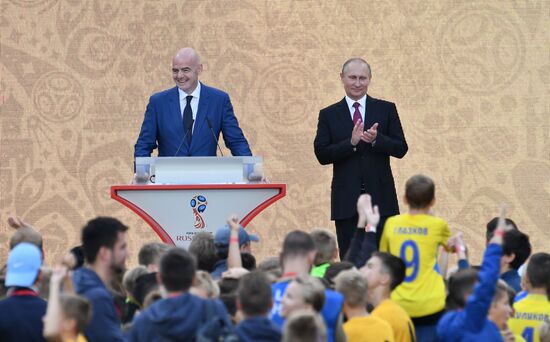 Russian President Vladimir Putin takes part in FIFA World Cup Trophy Tour kick-off ceremony in Luzhniki