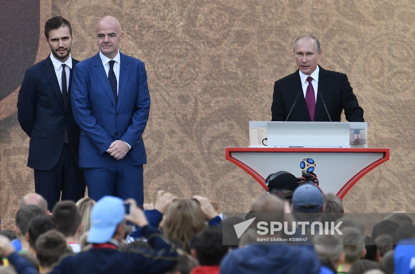 Russian President Vladimir Putin takes part in FIFA World Cup Trophy Tour kick-off ceremony in Luzhniki