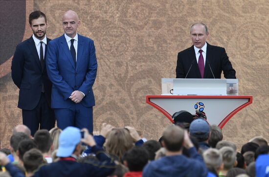 Russian President Vladimir Putin takes part in FIFA World Cup Trophy Tour kick-off ceremony in Luzhniki