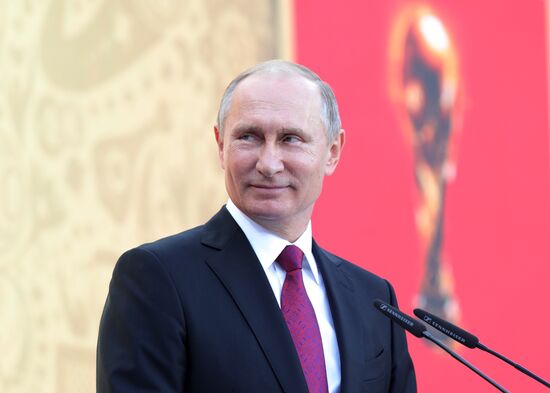 Russian President Vladimir Putin takes part in FIFA World Cup Trophy Tour kick-off ceremony in Luzhniki