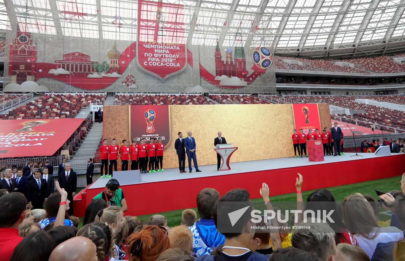 Russian President Vladimir Putin takes part in FIFA World Cup Trophy Tour kick-off ceremony in Luzhniki