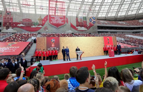 Russian President Vladimir Putin takes part in FIFA World Cup Trophy Tour kick-off ceremony in Luzhniki