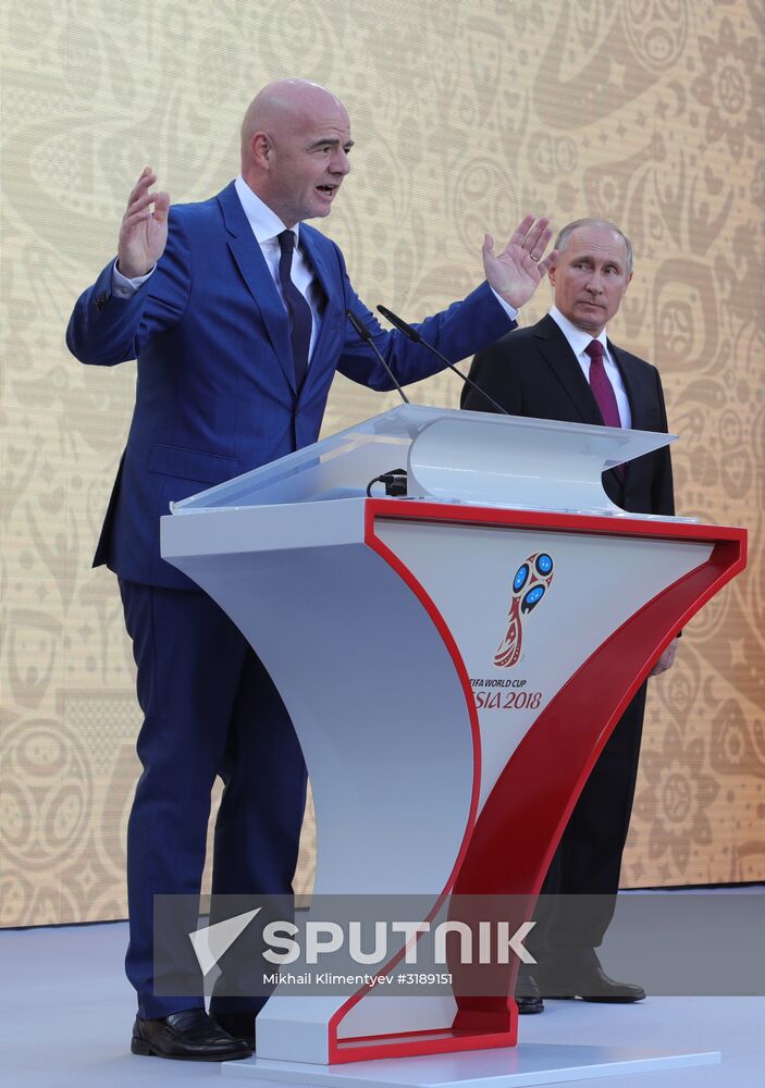 Russian President Vladimir Putin takes part in FIFA World Cup Trophy Tour kick-off ceremony in Luzhniki