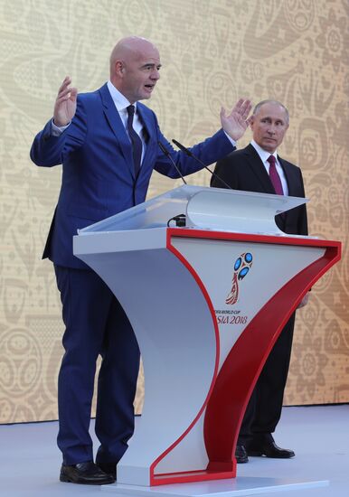 Russian President Vladimir Putin takes part in FIFA World Cup Trophy Tour kick-off ceremony in Luzhniki