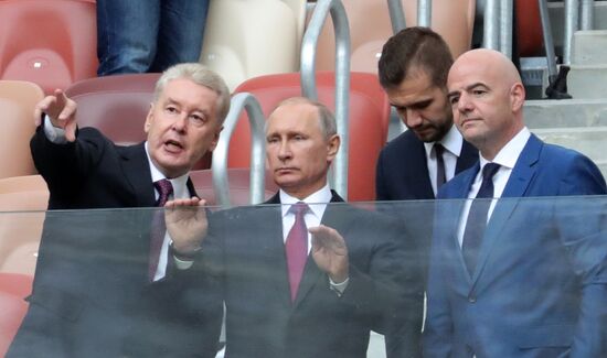 Russian President Vladimir Putin takes part in FIFA World Cup Trophy Tour kick-off ceremony in Luzhniki