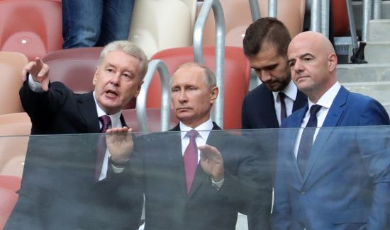 Russian President Vladimir Putin takes part in FIFA World Cup Trophy Tour kick-off ceremony in Luzhniki