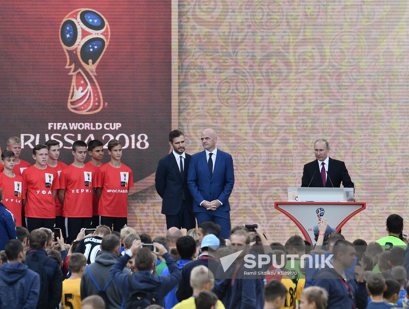 Russian President Vladimir Putin takes part in FIFA World Cup Trophy Tour kick-off ceremony in Luzhniki