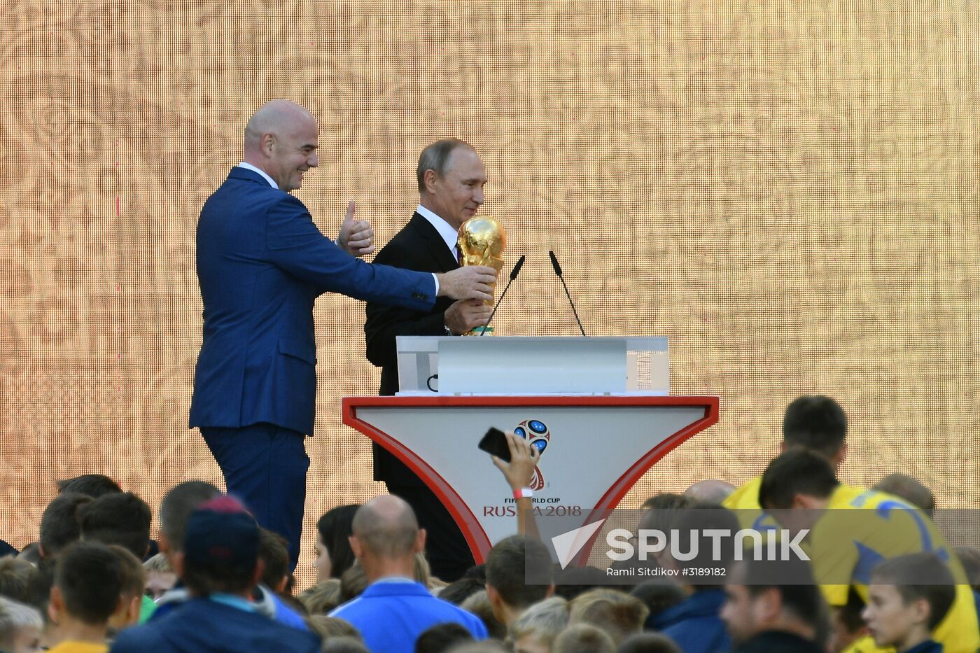 Russian President Vladimir Putin takes part in FIFA World Cup Trophy Tour kick-off ceremony in Luzhniki