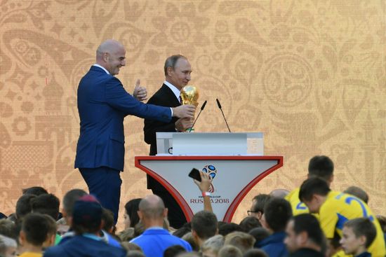 Russian President Vladimir Putin takes part in FIFA World Cup Trophy Tour kick-off ceremony in Luzhniki