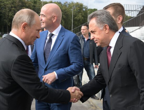 Russian President Vladimir Putin takes part in FIFA World Cup Trophy Tour kick-off ceremony in Luzhniki