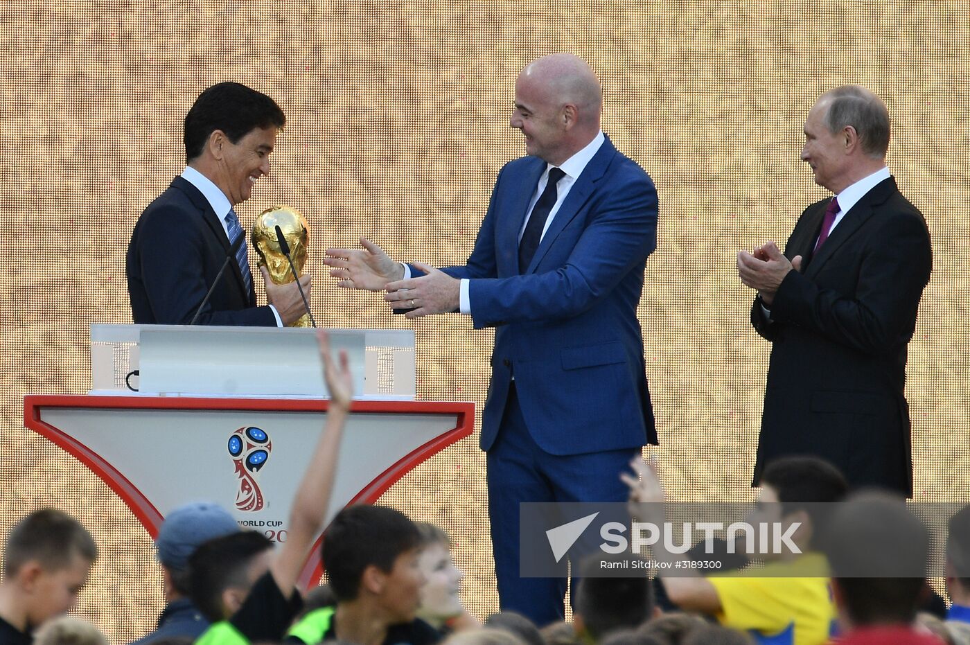 Russian President Vladimir Putin takes part in FIFA World Cup Trophy Tour kick-off ceremony in Luzhniki