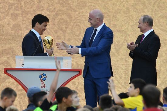 Russian President Vladimir Putin takes part in FIFA World Cup Trophy Tour kick-off ceremony in Luzhniki