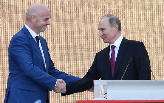 Russian President Vladimir Putin takes part in FIFA World Cup Trophy Tour kick-off ceremony in Luzhniki