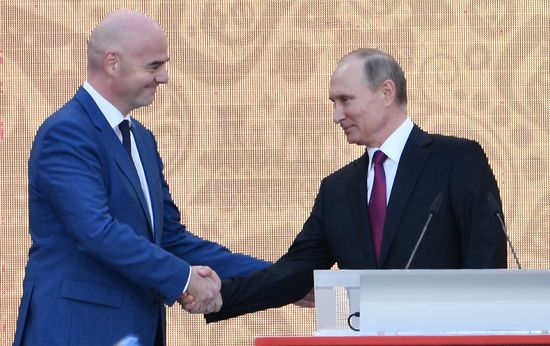Russian President Vladimir Putin takes part in FIFA World Cup Trophy Tour kick-off ceremony in Luzhniki