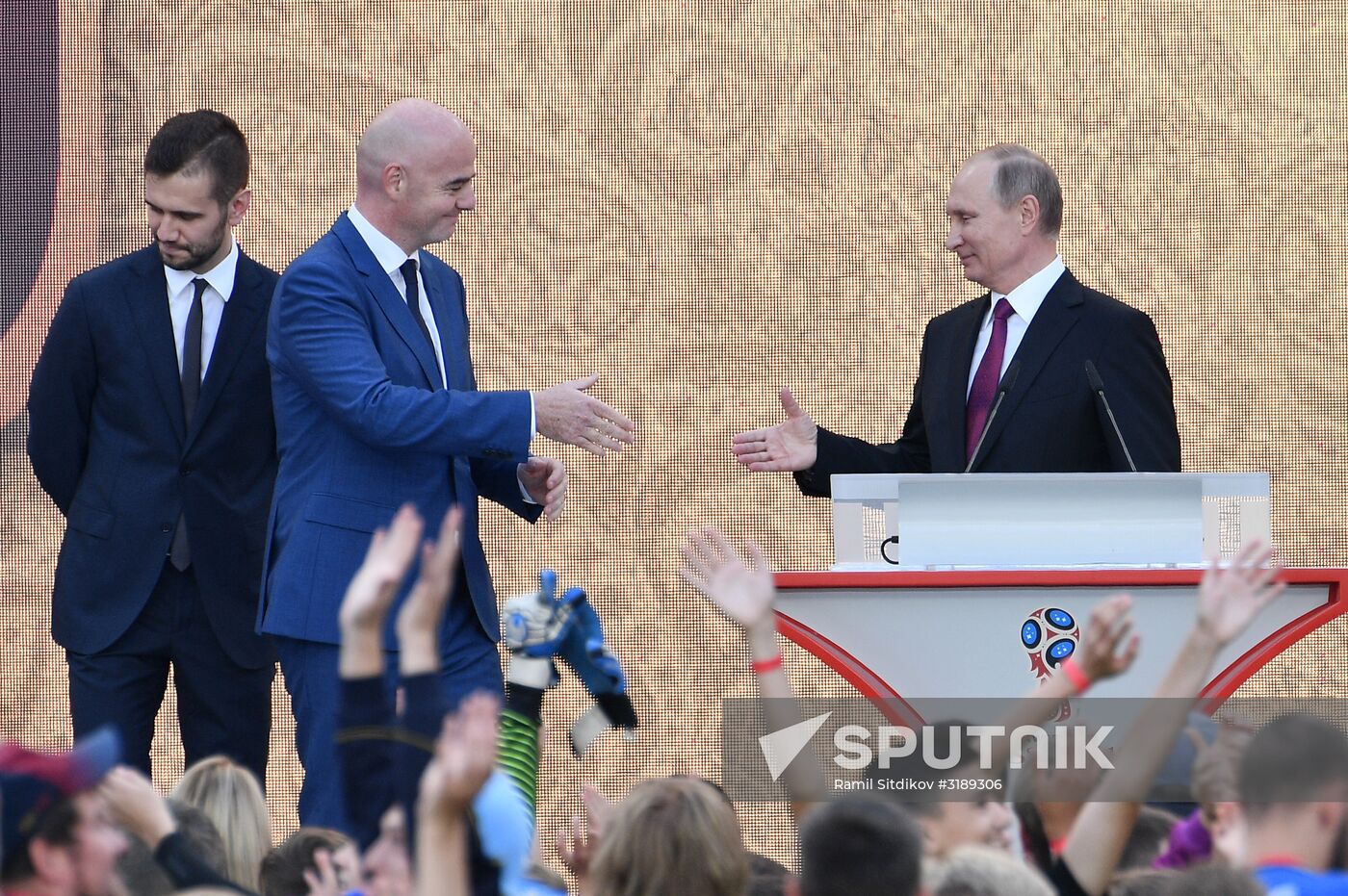 Russian President Vladimir Putin takes part in FIFA World Cup Trophy Tour kick-off ceremony in Luzhniki
