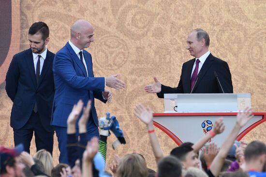 Russian President Vladimir Putin takes part in FIFA World Cup Trophy Tour kick-off ceremony in Luzhniki