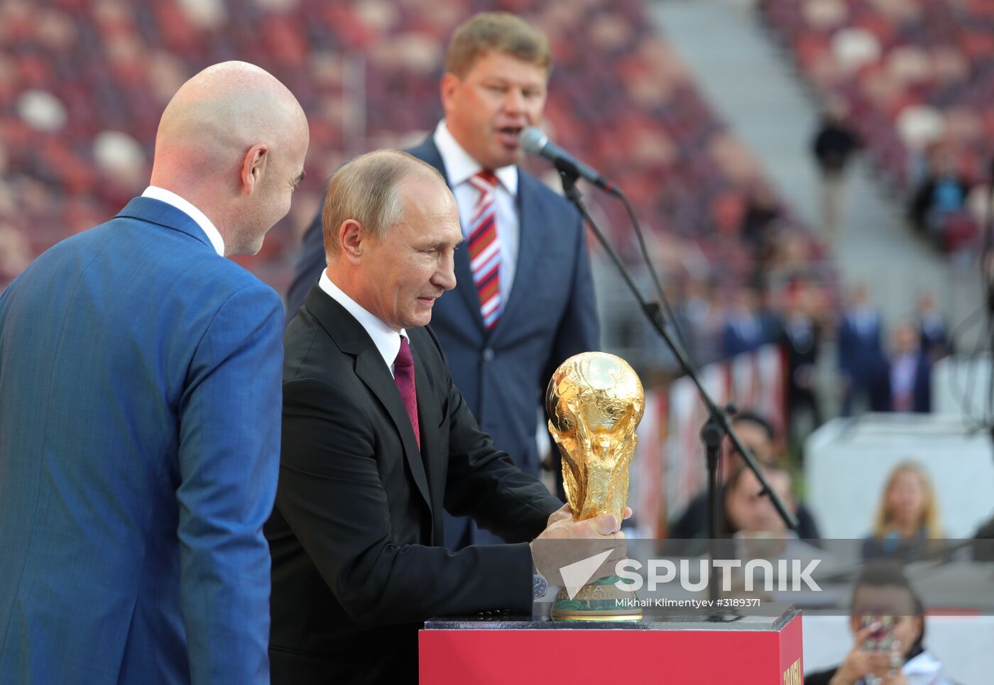 Russian President Vladimir Putin takes part in FIFA World Cup Trophy Tour kick-off ceremony in Luzhniki