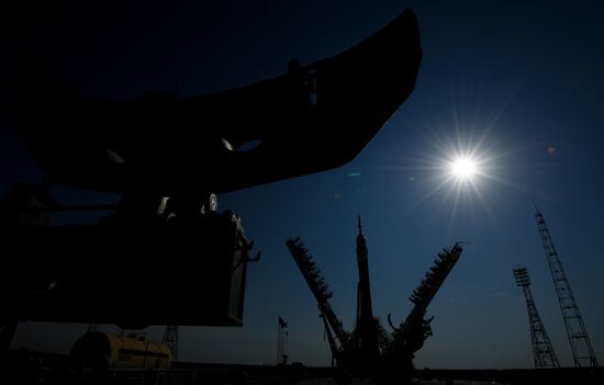 Soyuz-FG space missile brought to launch pad at Baikonur Cosmodrome