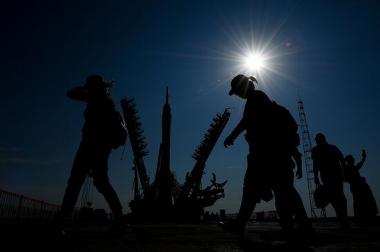Soyuz-FG space missile brought to launch pad at Baikonur Cosmodrome