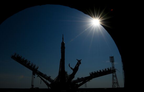 Soyuz-FG space missile brought to launch pad at Baikonur Cosmodrome