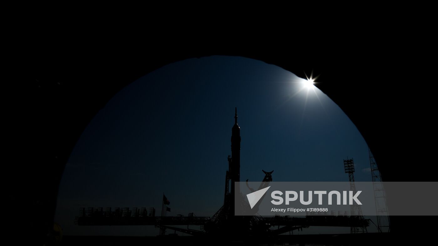 Soyuz-FG space missile brought to launch pad at Baikonur Cosmodrome