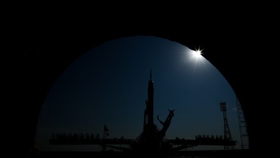 Soyuz-FG space missile brought to launch pad at Baikonur Cosmodrome
