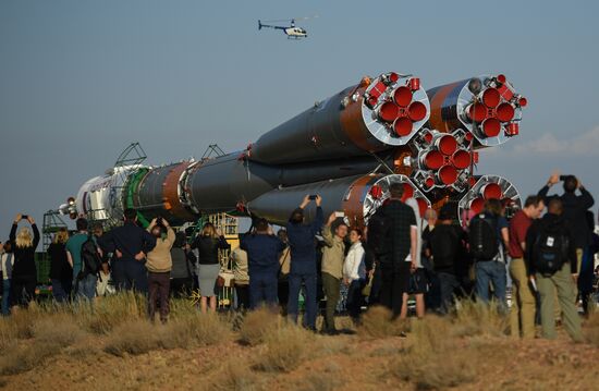 Soyuz-FG space missile brought to launch pad at Baikonur Cosmodrome
