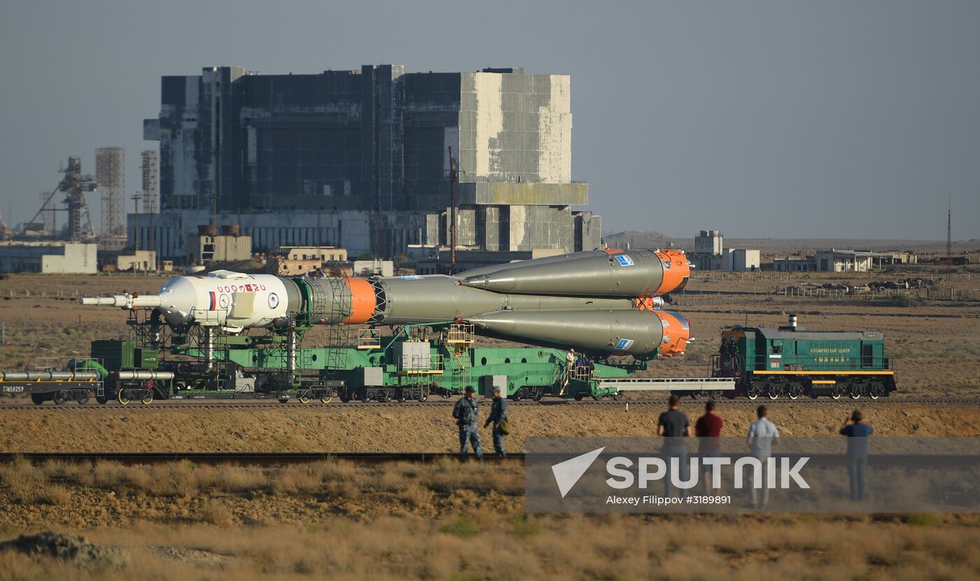 Soyuz-FG space missile brought to launch pad at Baikonur Cosmodrome