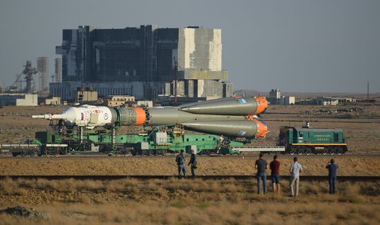 Soyuz-FG space missile brought to launch pad at Baikonur Cosmodrome