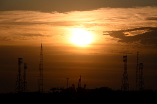 Soyuz-FG space missile brought to launch pad at Baikonur Cosmodrome
