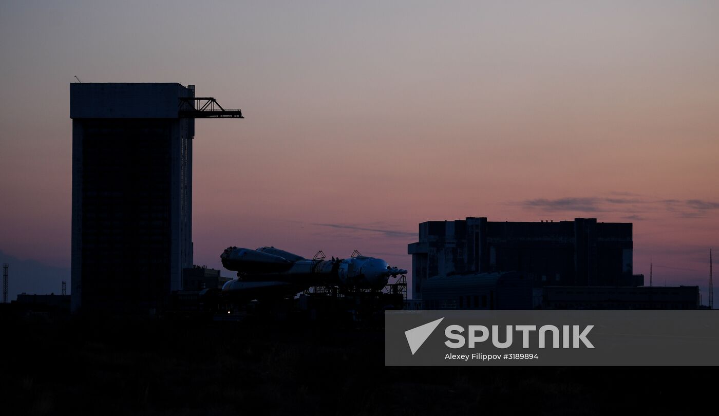 Soyuz-FG space missile brought to launch pad at Baikonur Cosmodrome
