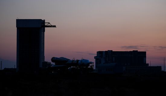 Soyuz-FG space missile brought to launch pad at Baikonur Cosmodrome
