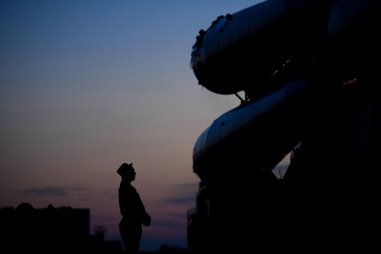 Soyuz-FG space missile brought to launch pad at Baikonur Cosmodrome