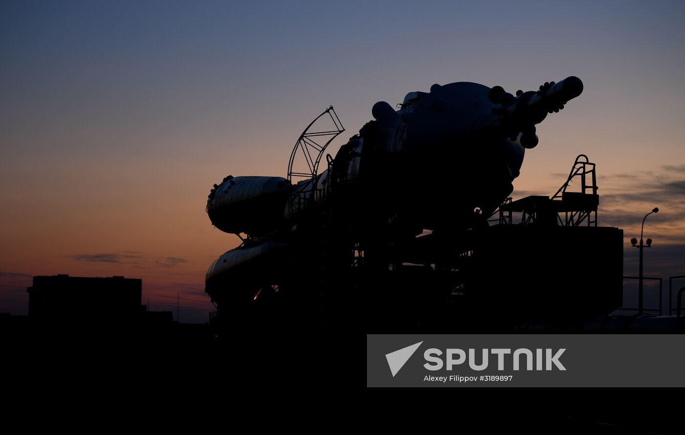 Soyuz-FG space missile brought to launch pad at Baikonur Cosmodrome
