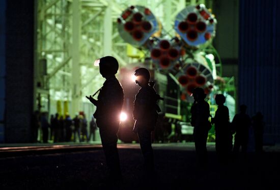 Soyuz-FG space missile brought to launch pad at Baikonur Cosmodrome