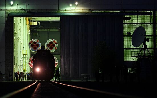 Soyuz-FG space missile brought to launch pad at Baikonur Cosmodrome