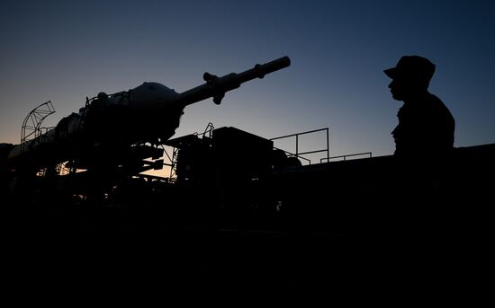 Soyuz-FG space missile brought to launch pad at Baikonur Cosmodrome