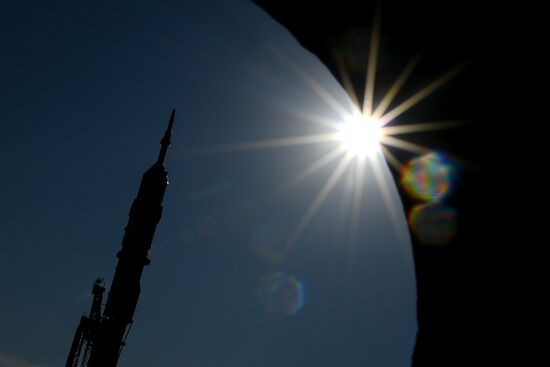 Soyuz-FG space missile brought to launch pad at Baikonur Cosmodrome