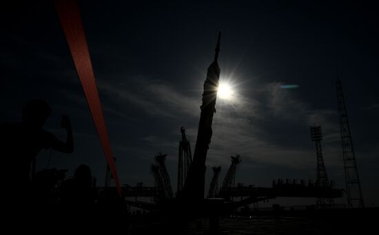 Soyuz-FG space missile brought to launch pad at Baikonur Cosmodrome