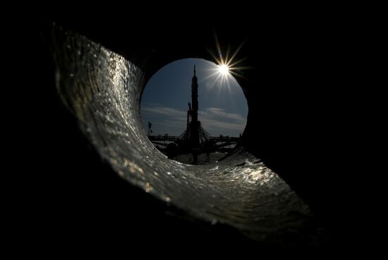Soyuz-FG space missile brought to launch pad at Baikonur Cosmodrome