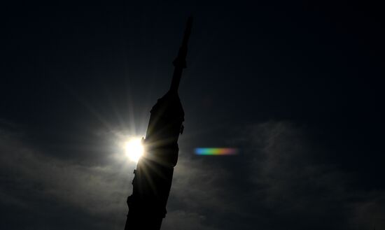 Soyuz-FG space missile brought to launch pad at Baikonur Cosmodrome