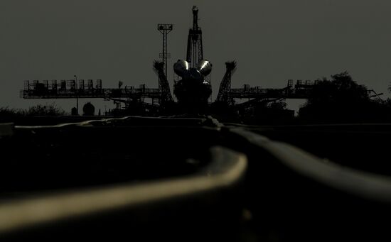 Soyuz-FG space missile brought to launch pad at Baikonur Cosmodrome