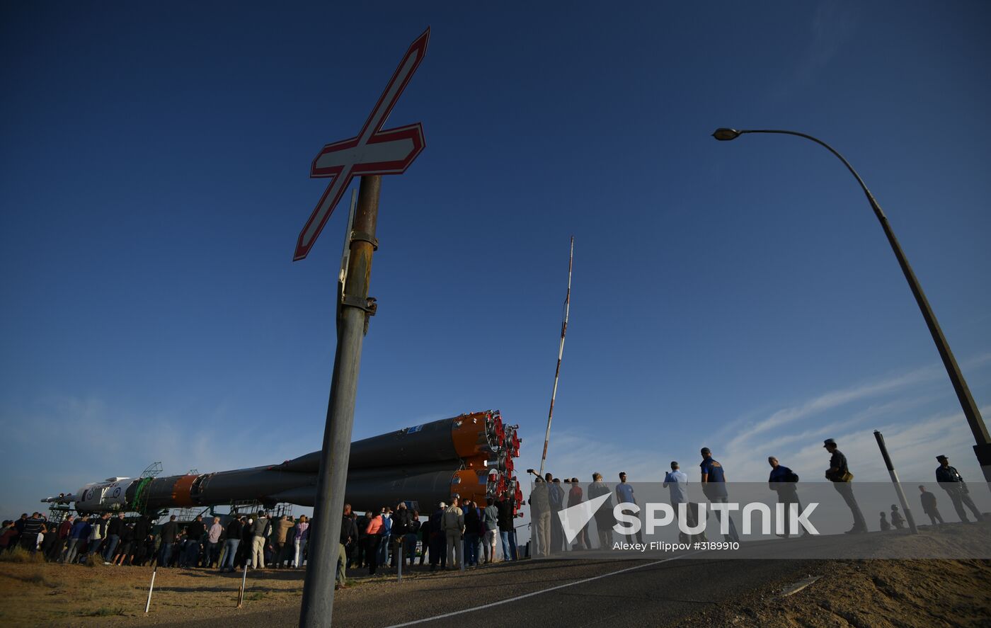 Soyuz-FG space missile brought to launch pad at Baikonur Cosmodrome