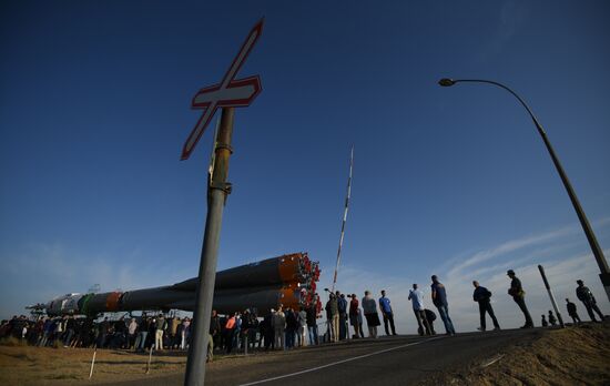 Soyuz-FG space missile brought to launch pad at Baikonur Cosmodrome
