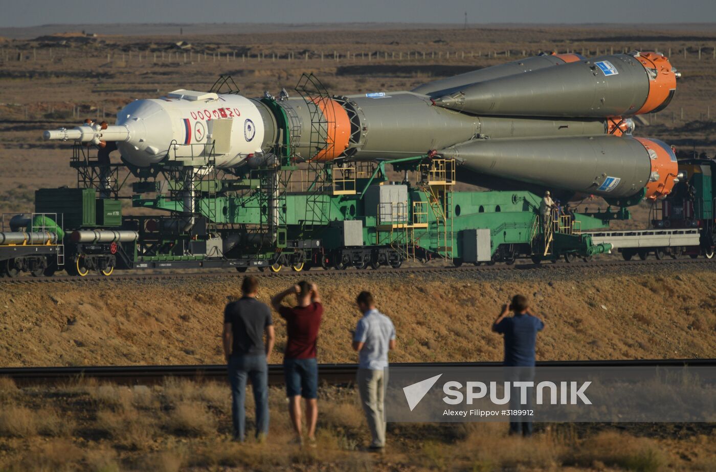 Soyuz-FG space missile brought to launch pad at Baikonur Cosmodrome